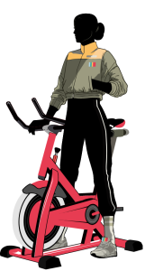 Illustration of female cyclist standing by an indoor bike promoting CicloZone, an indoor cycling app