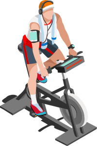 Illustration of male cyclist with headphones on an indoor cycle using CicloZone, an indoor cycling app