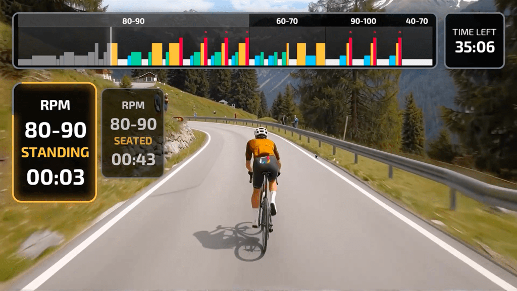 CicloStudio studio screen running a virtual alpine road ride, with the class interval profile across the top, standing and seated cadence targets and the time remaining.