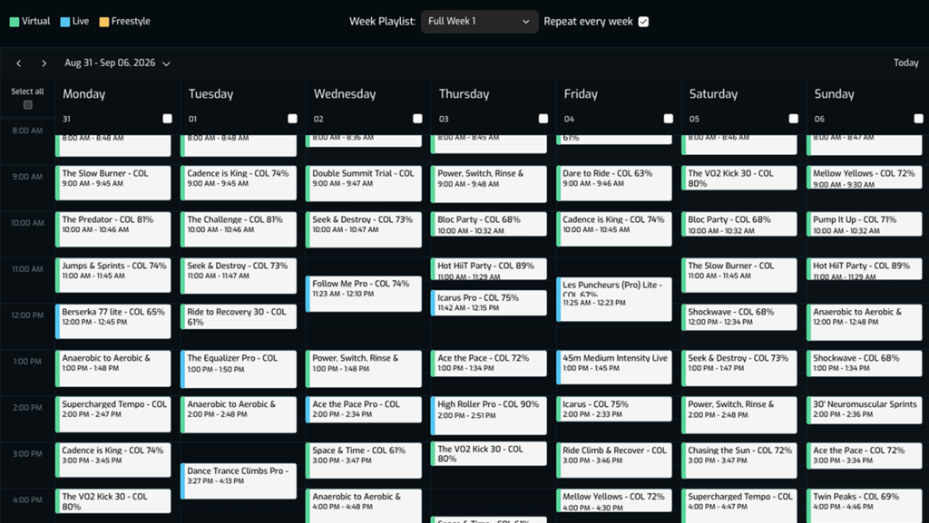A CicloStudio weekly schedule showing a full seven-day timetable of classes, colour-coded by type — virtual, live and freestyle — with each class named and labelled with its COL percentage.