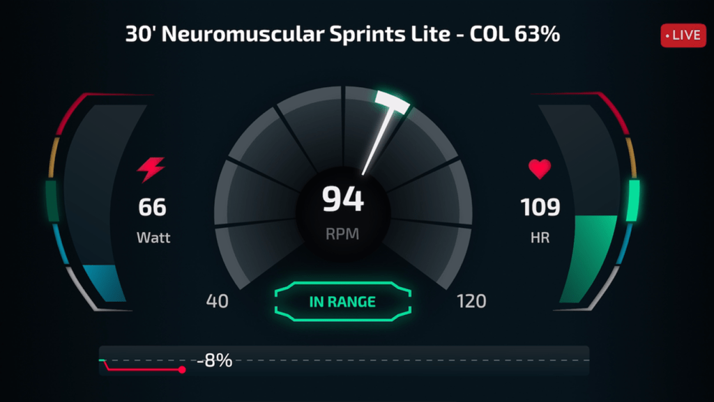 A CicloZone rider screen during a live class showing 66 watts, 94 RPM and a heart rate of 109, with the cadence dial marked in range and the class labelled COL 63 per cent.